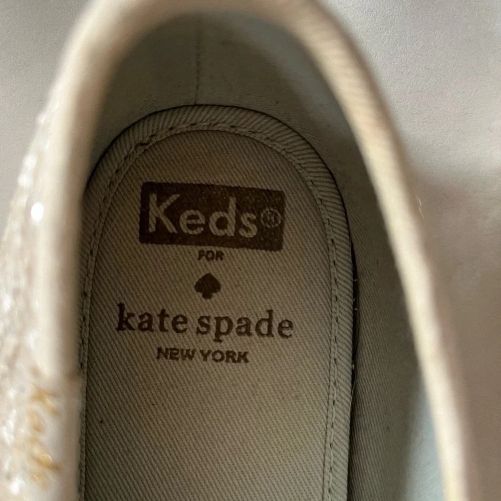 Kate Spade Keds Blinged Out Cream Glitter Canvas Sneakers Fun Ribbon Lac…